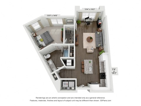 Floor plan for 1 bed, 1 bath, 865 sqft